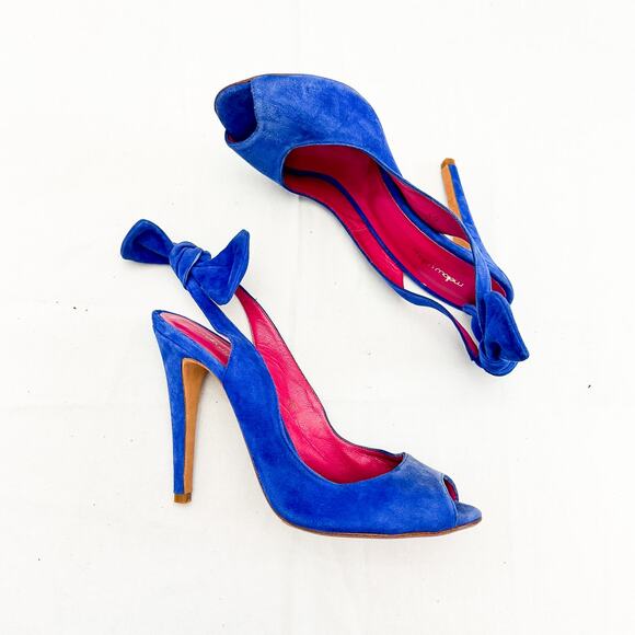 Mellow Yellow Blue Suede Peep Toe Pump Bow Accent Slingback Size 40 Mint Paris - Picture 6 of 6